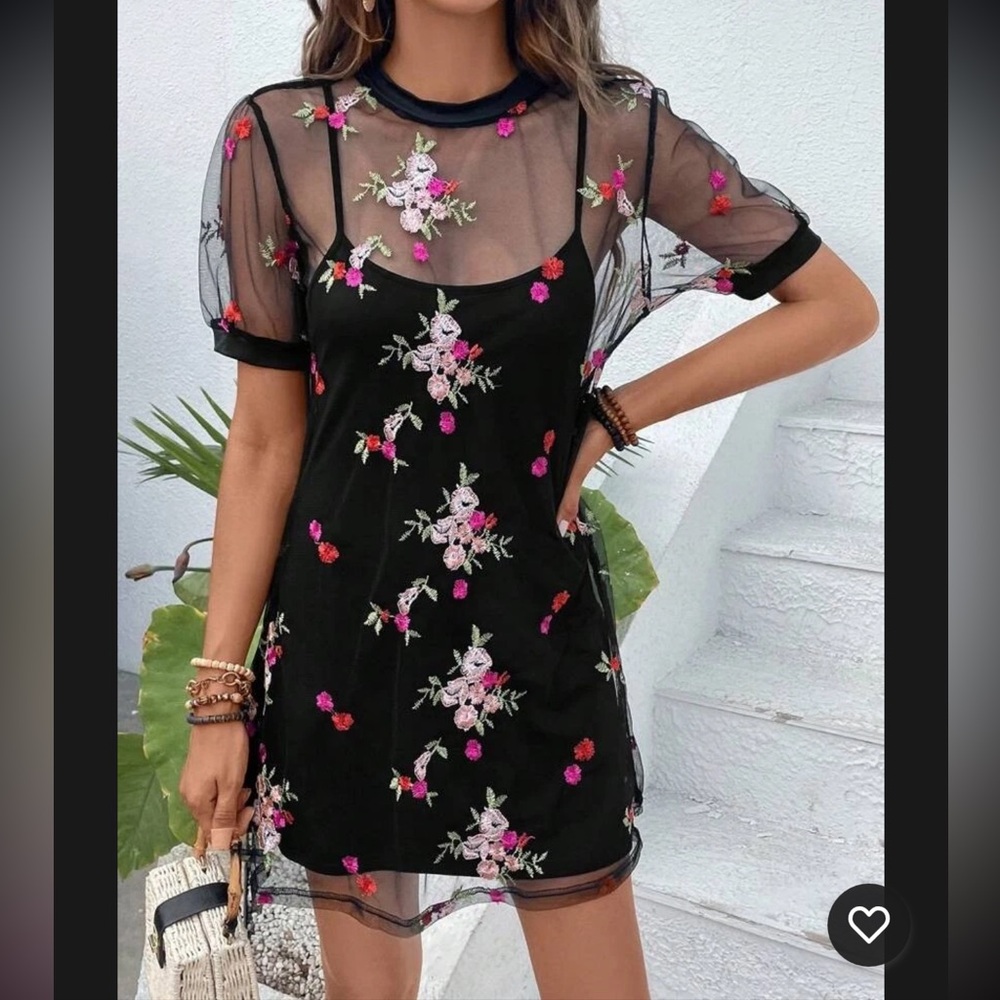 Whimsigoth Fairy Black Floral Embroidered Mesh Overlay Dress 8 Sheer Dainty Crew